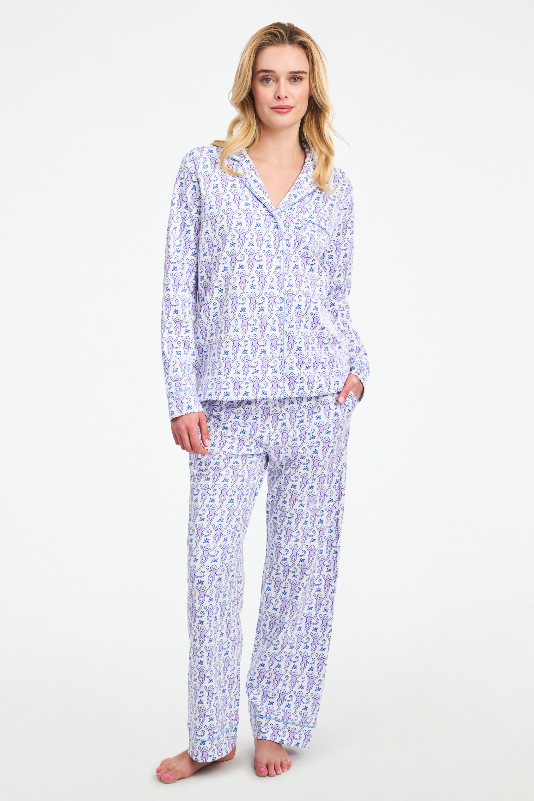 Long Sleeve Monkey Print Polo Pajamas