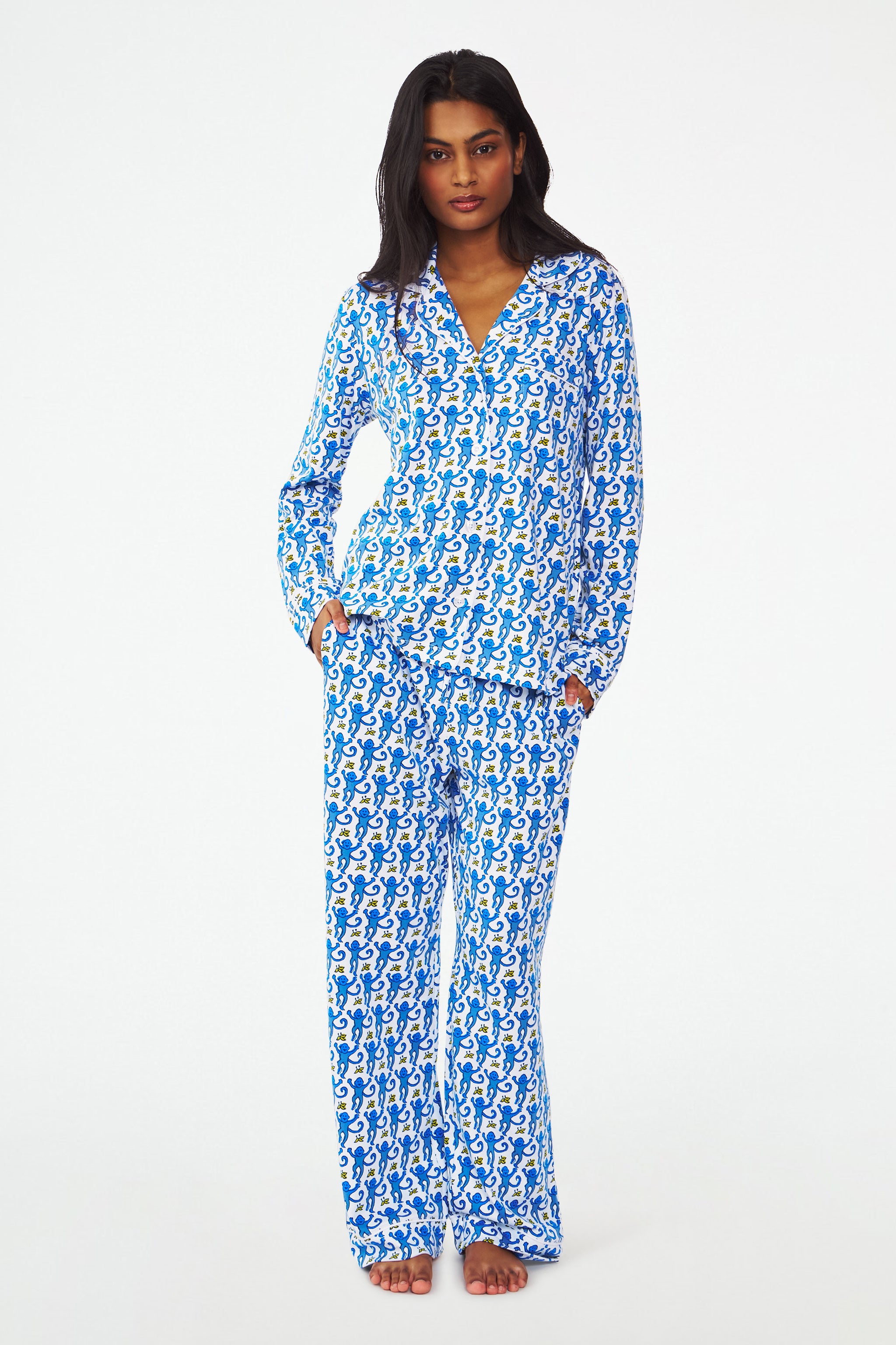 Long Sleeve Monkey Print Polo Pajamas