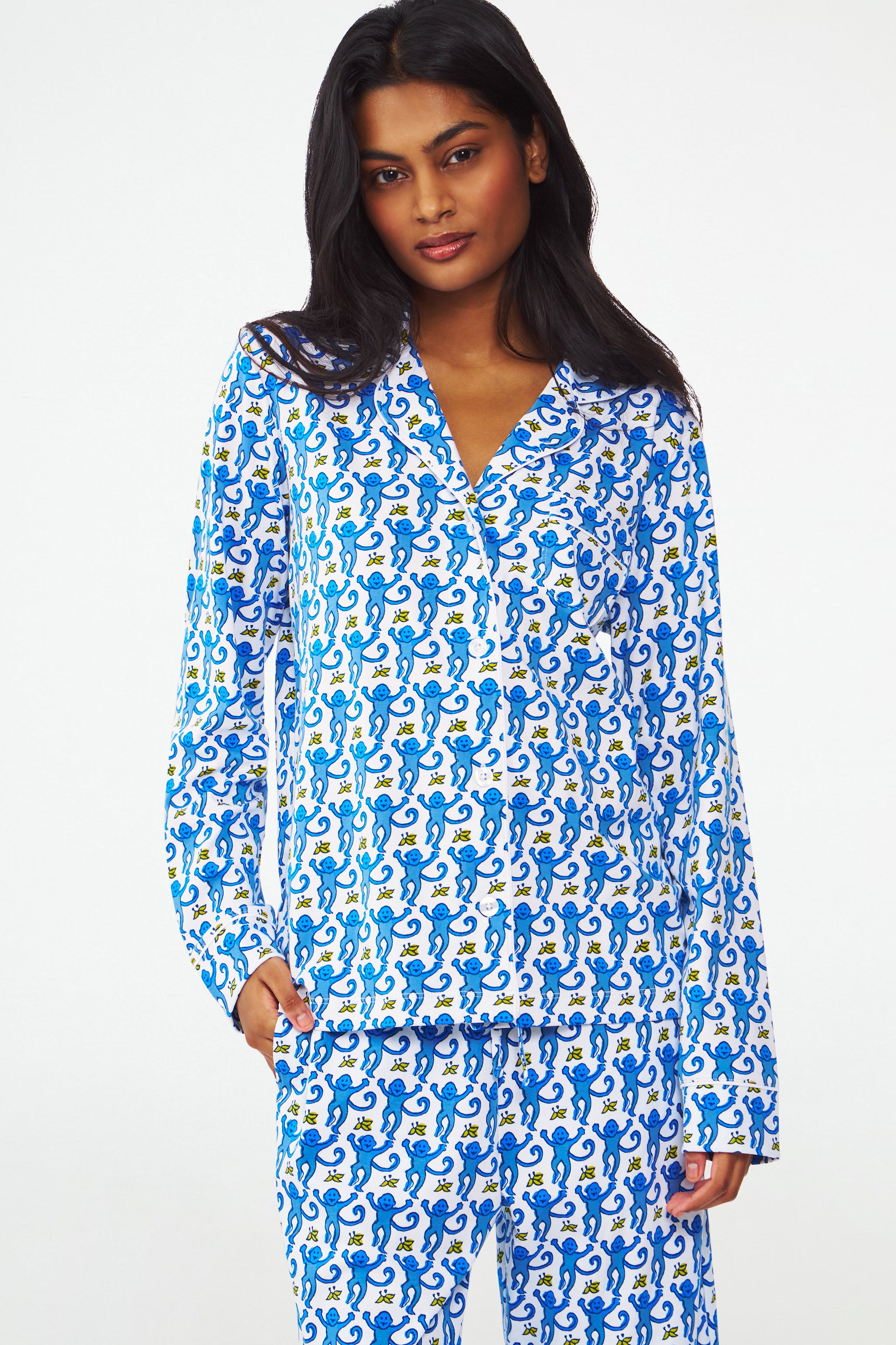Long Sleeve Monkey Print Polo Pajamas