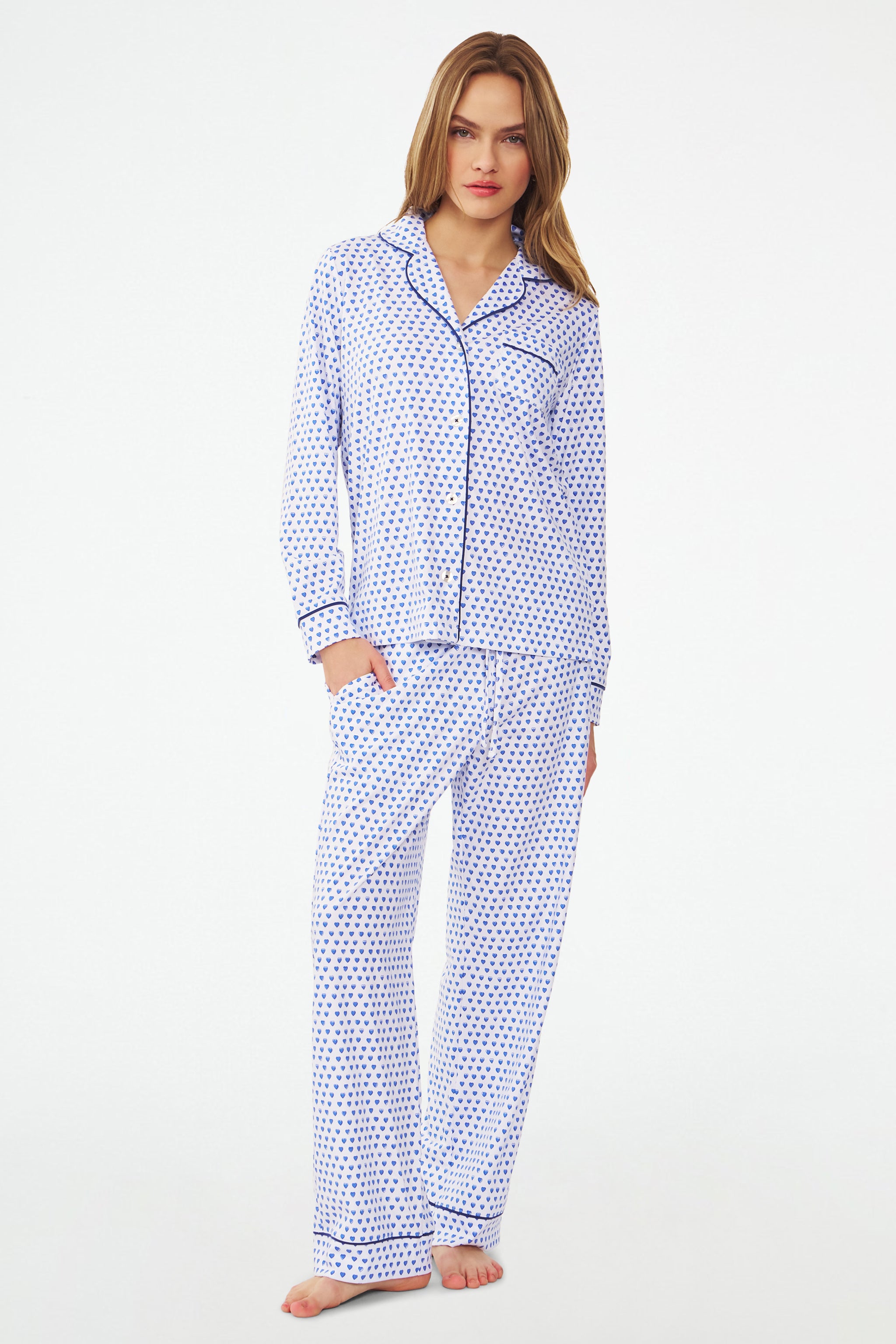 Hearts Print Long Sleeve Polo Pajama Set