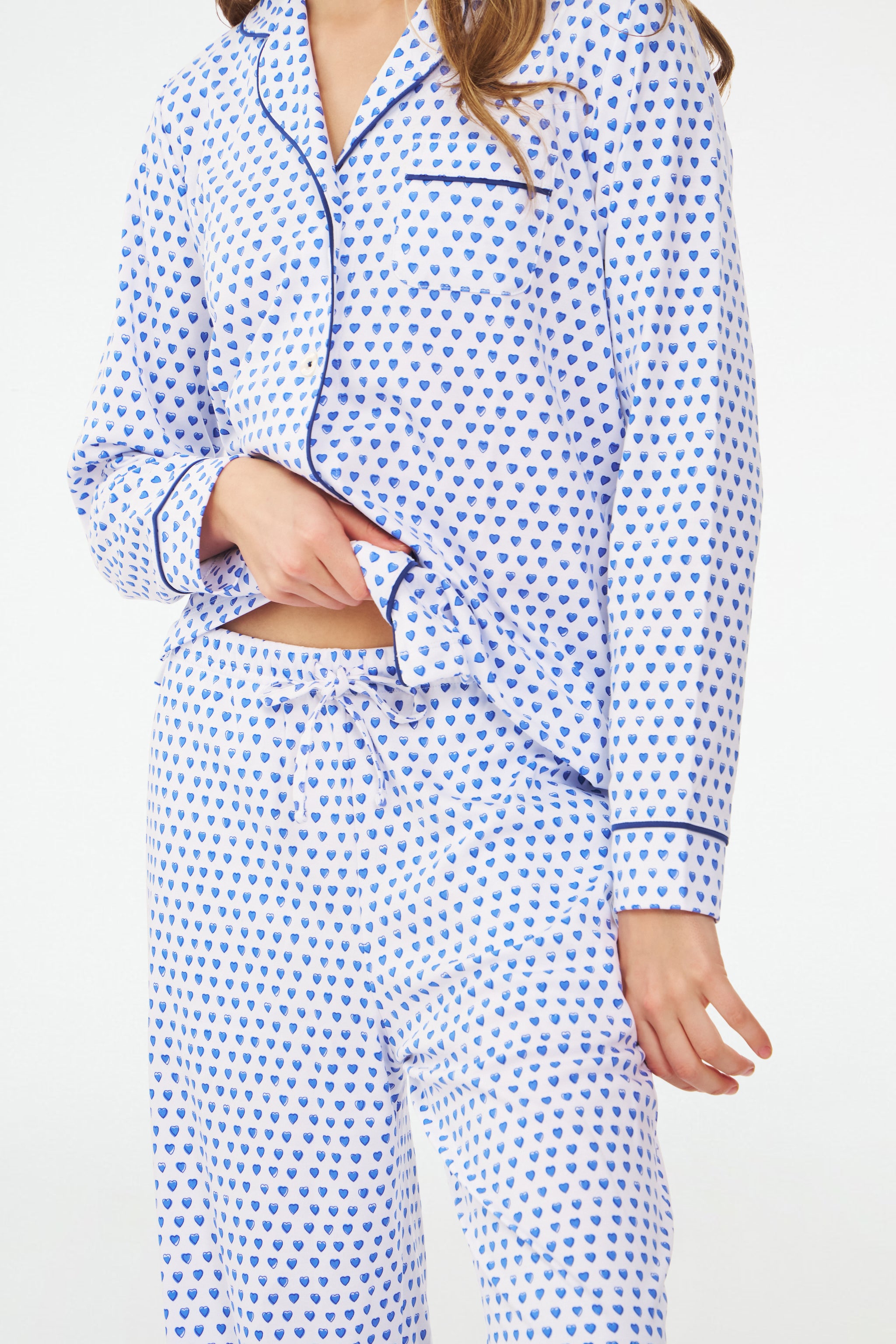 Hearts Print Long Sleeve Polo Pajama Set