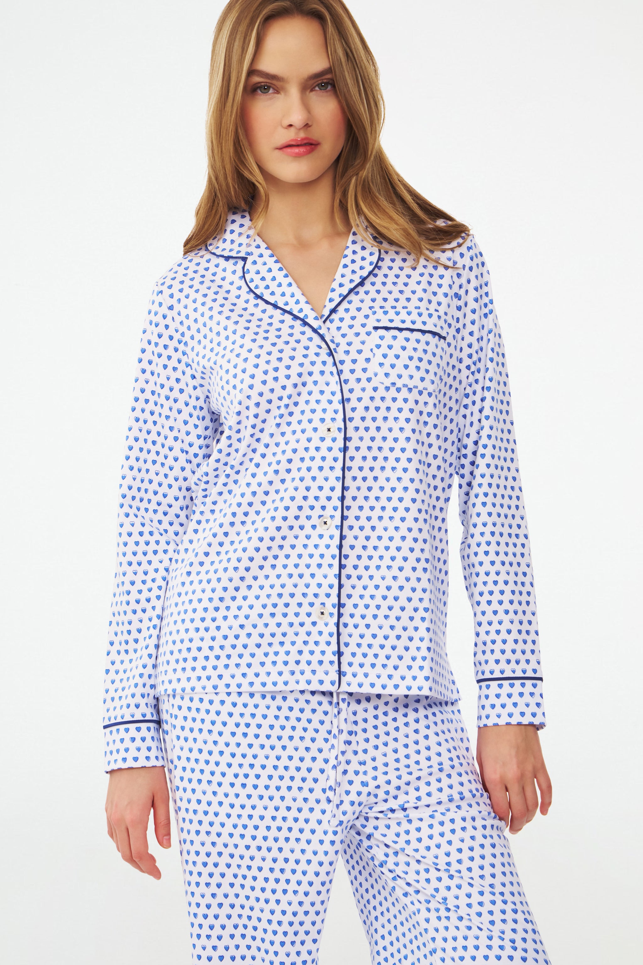 Hearts Print Long Sleeve Polo Pajama Set