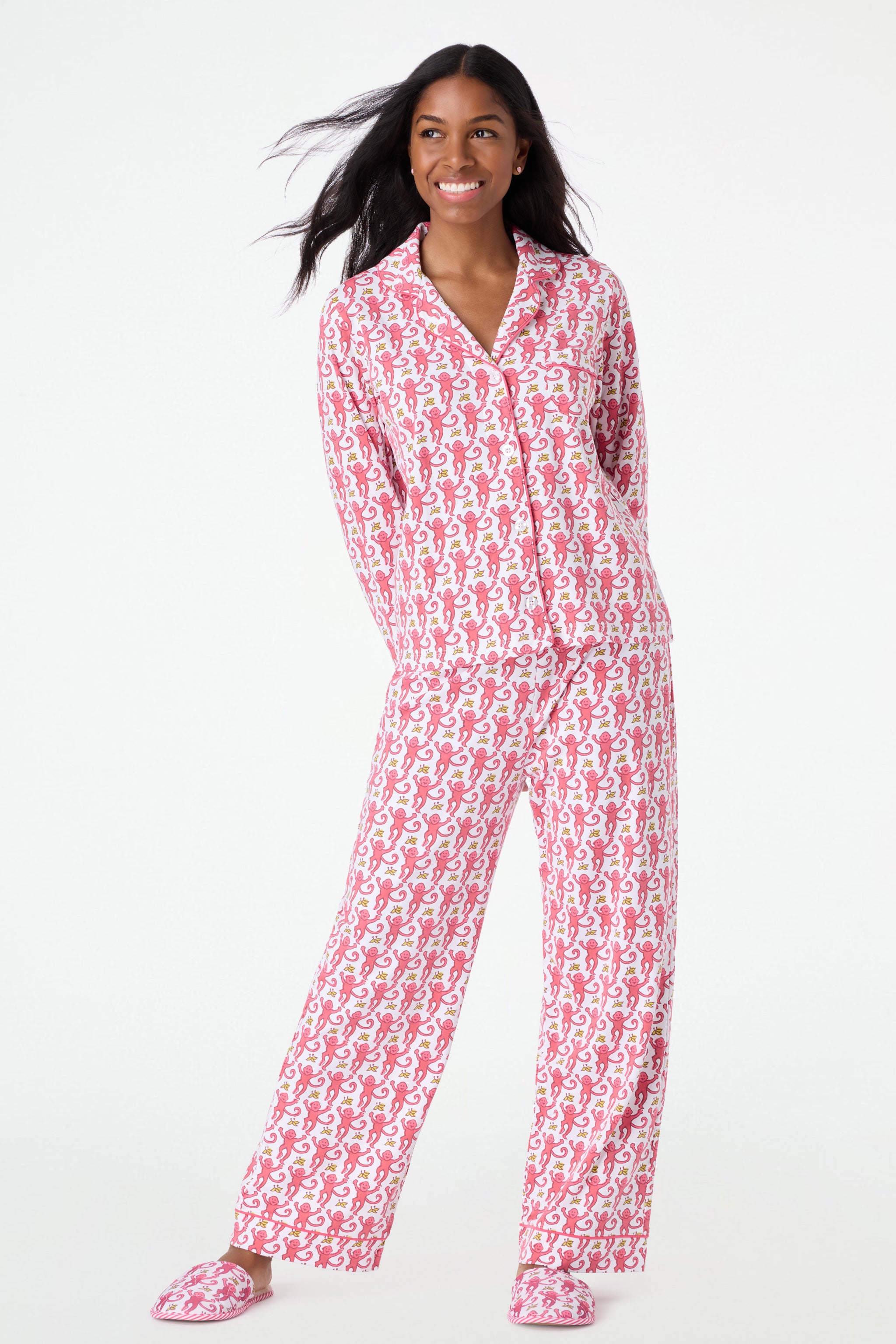 Long Sleeve Monkey Print Polo Pajamas