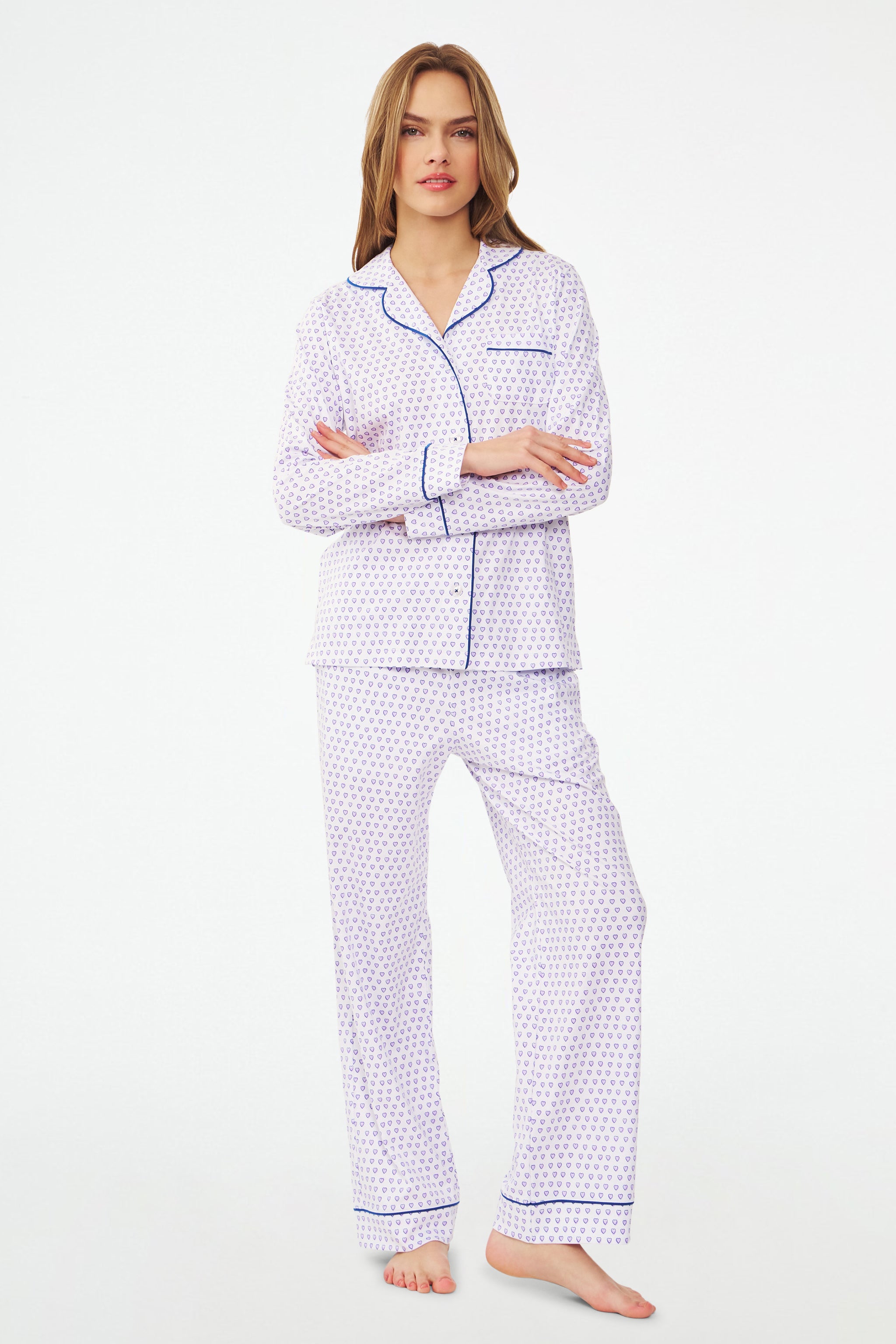 Hearts Print Long Sleeve Polo Pajama Set