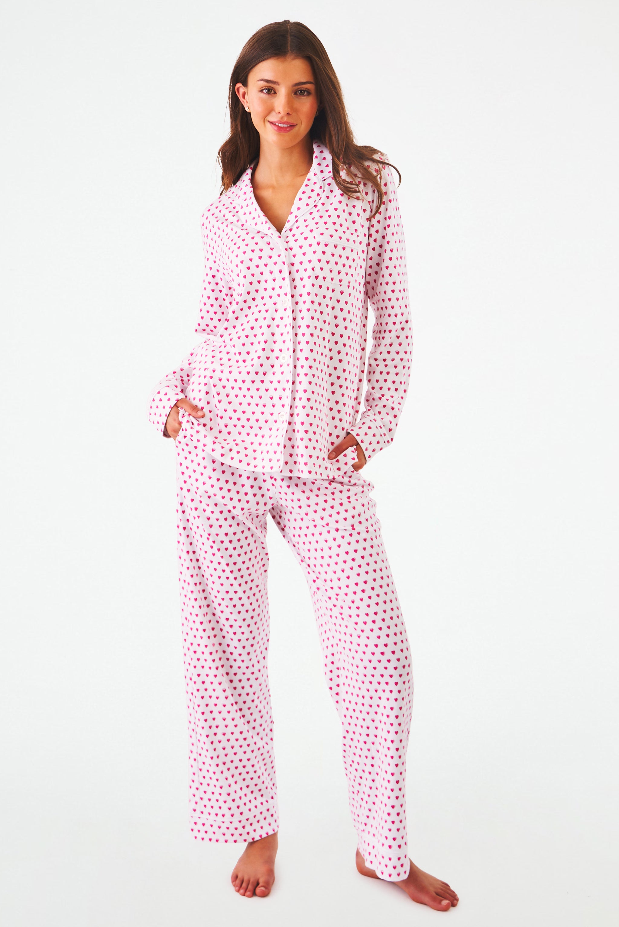 Hearts Print Long Sleeve Polo Pajama Set