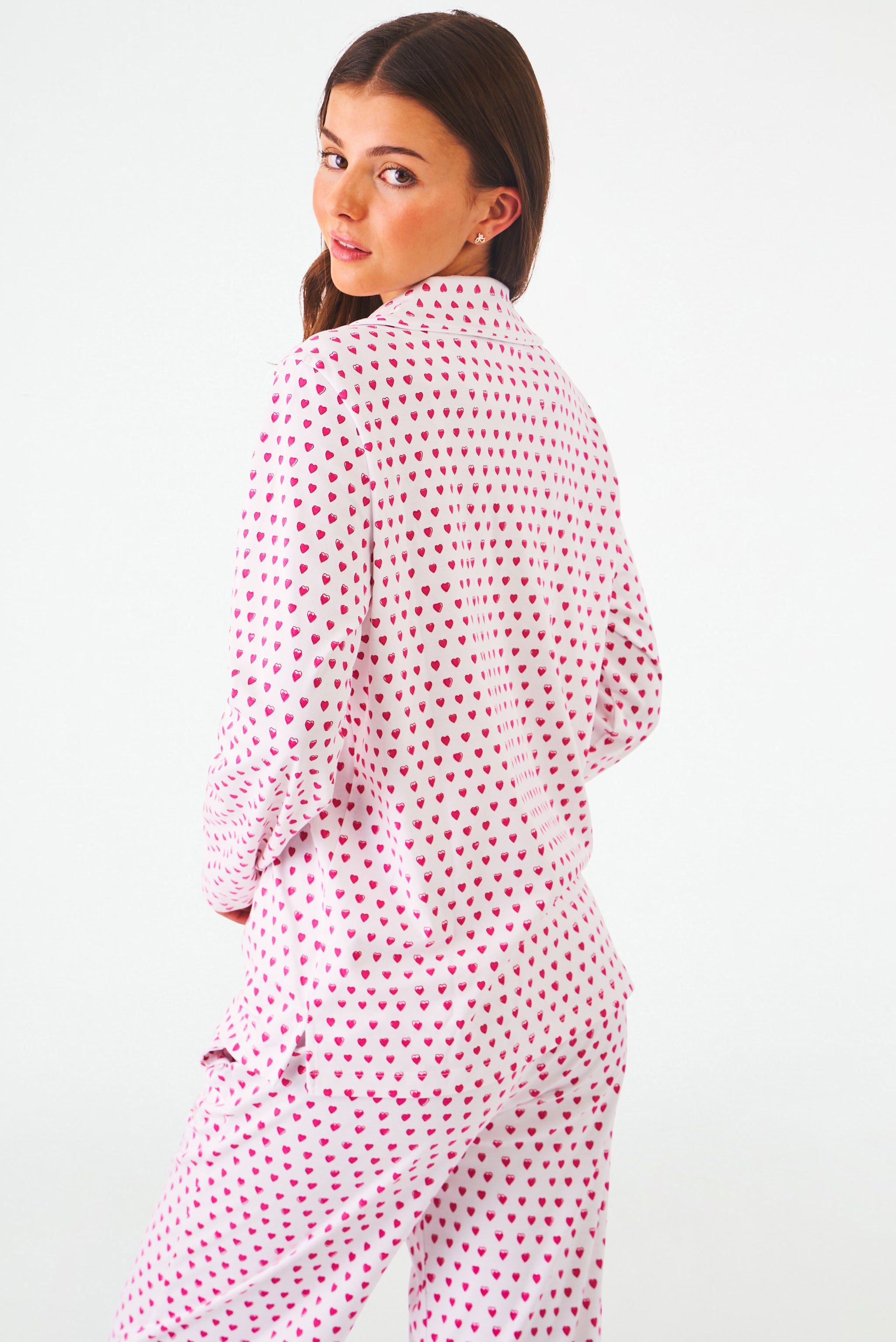 Hearts Print Long Sleeve Polo Pajama Set