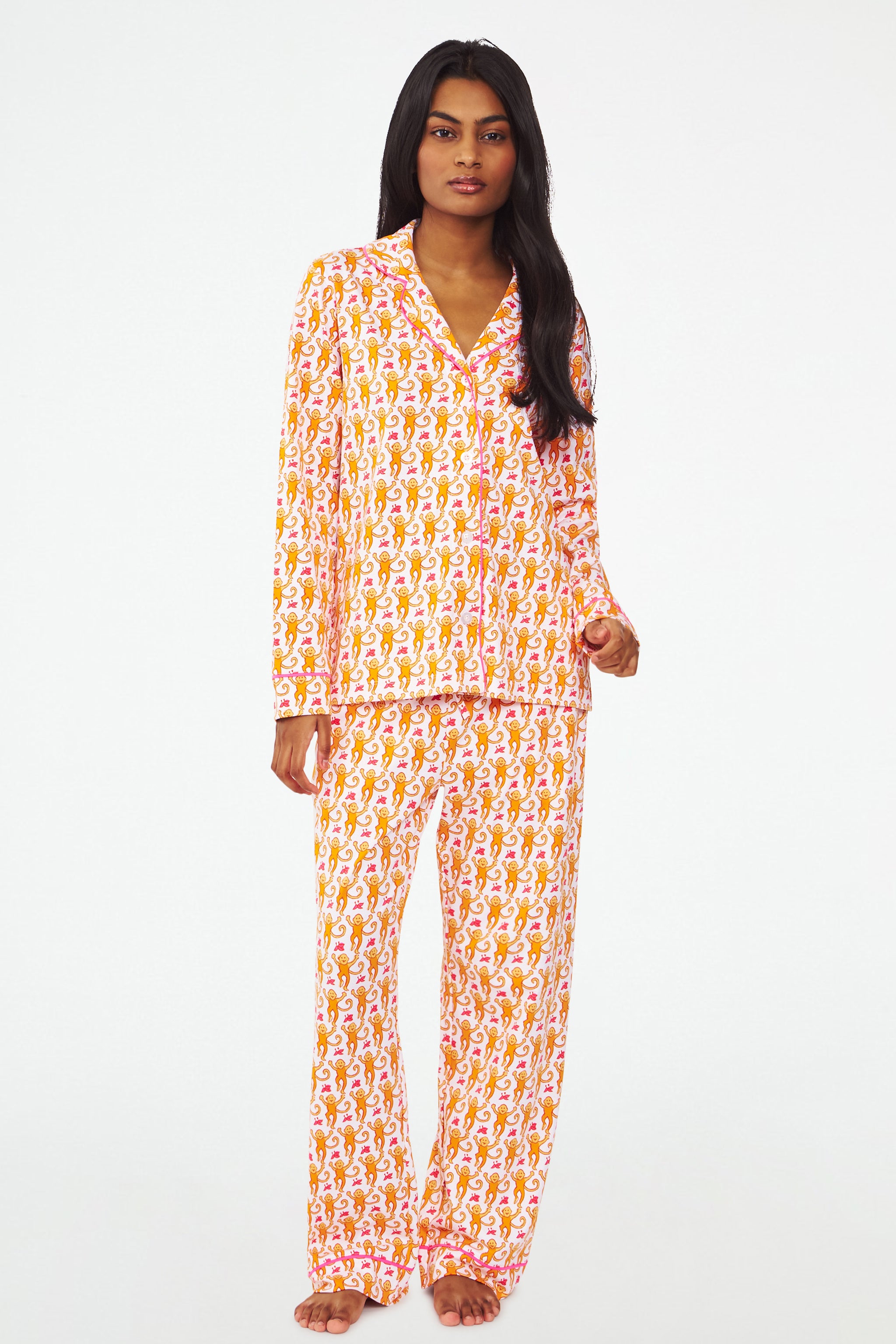 Long Sleeve Monkey Print Polo Pajamas